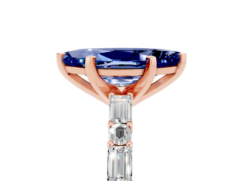 Rose gold Marquise Cut Blue Sapphire Solitaire with Side Baguettes and Channel Set Band_5