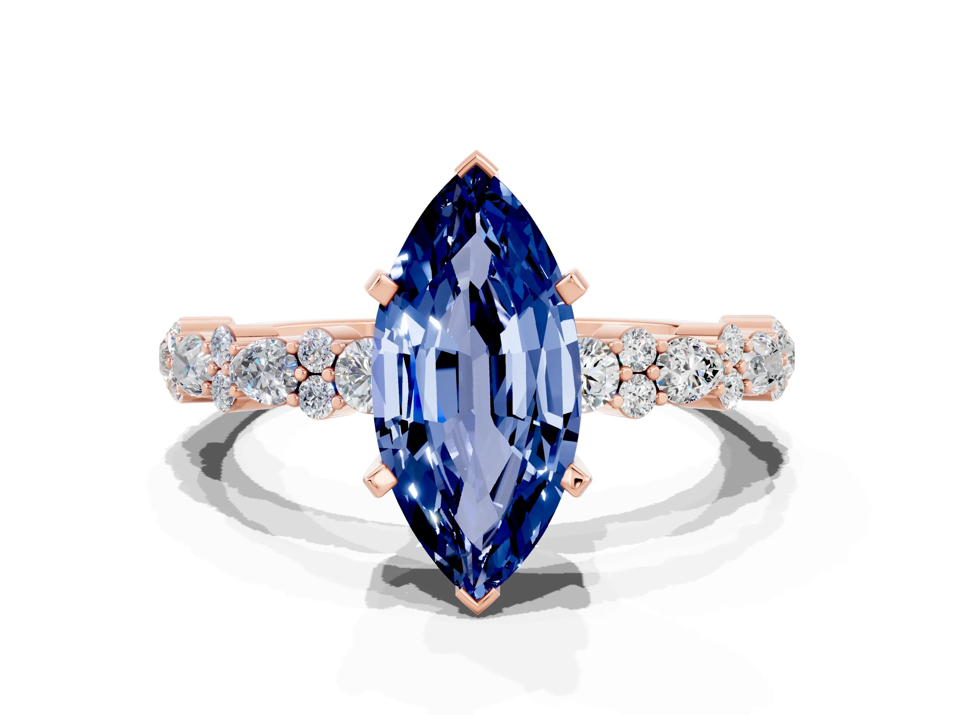 Rose gold Marquise Cut Blue Sapphire Solitaire with Side Stones, Pave Band, Four-Prong Setting_36