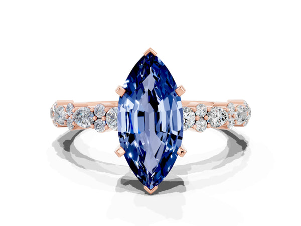 Rose gold Marquise Cut Blue Sapphire Side Stone Solitaire Ring with Round  and Four-Prong Setting