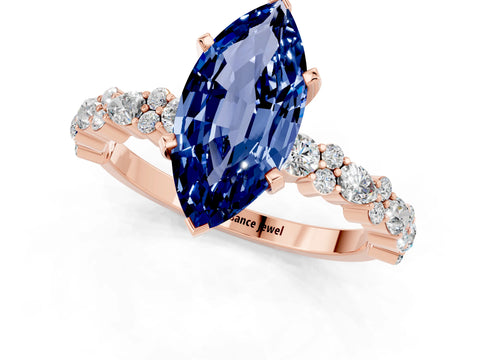 Rose gold Marquise Cut Blue Sapphire Solitaire with Side Stones, Pave Band, Four-Prong Setting_37