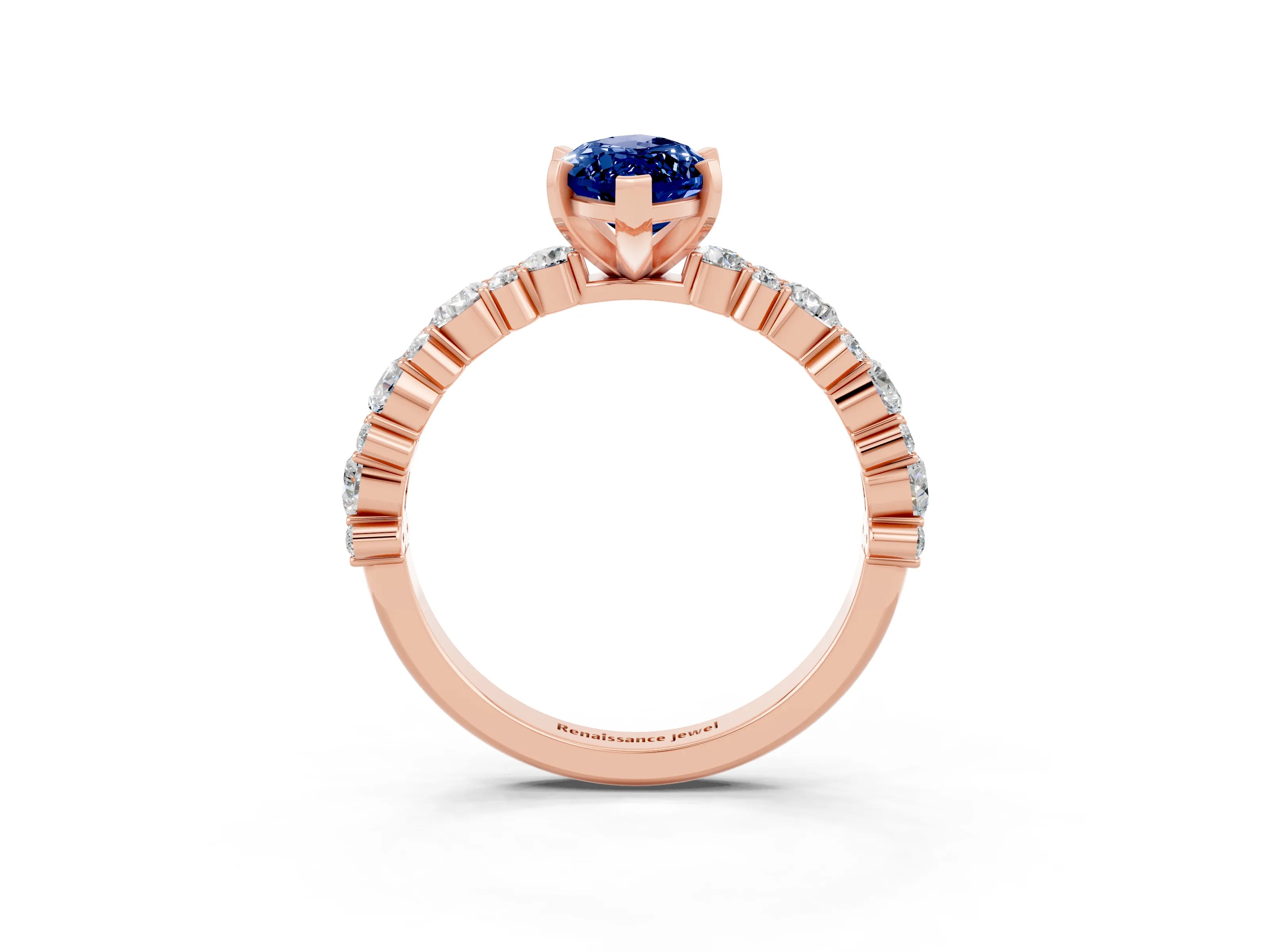 Rose gold Marquise Cut Blue Sapphire Solitaire with Side Stones, Pave Band, Four-Prong Setting_39