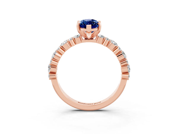Rose gold Marquise Cut Blue Sapphire Side Stone Solitaire Ring with Round  and Four-Prong Setting