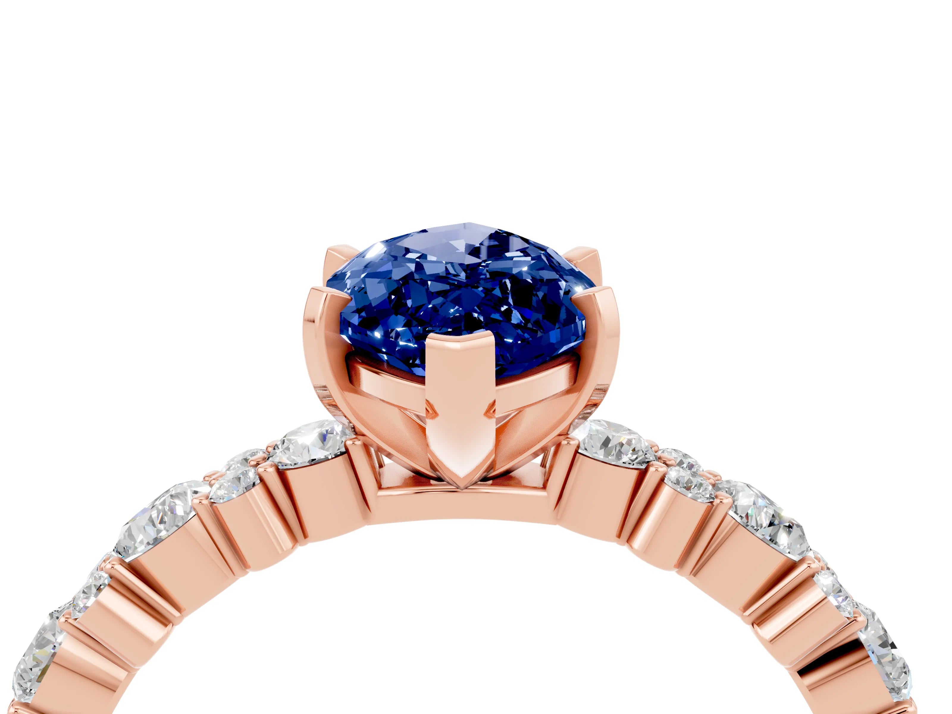 Rose gold Marquise Cut Blue Sapphire Solitaire with Side Stones, Pave Band, Four-Prong Setting_40