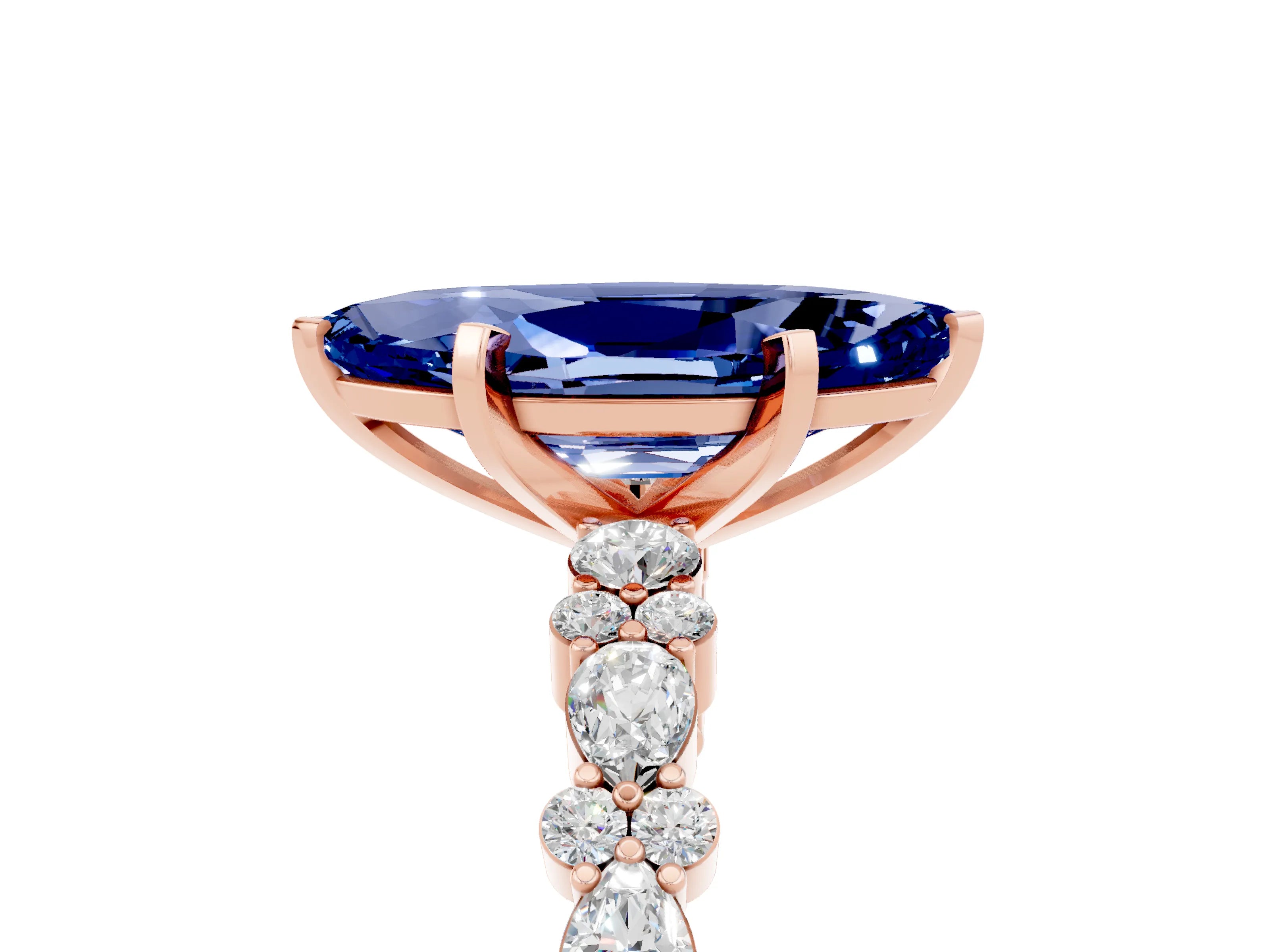 Rose gold Marquise Cut Blue Sapphire Solitaire with Side Stones, Pave Band, Four-Prong Setting_41