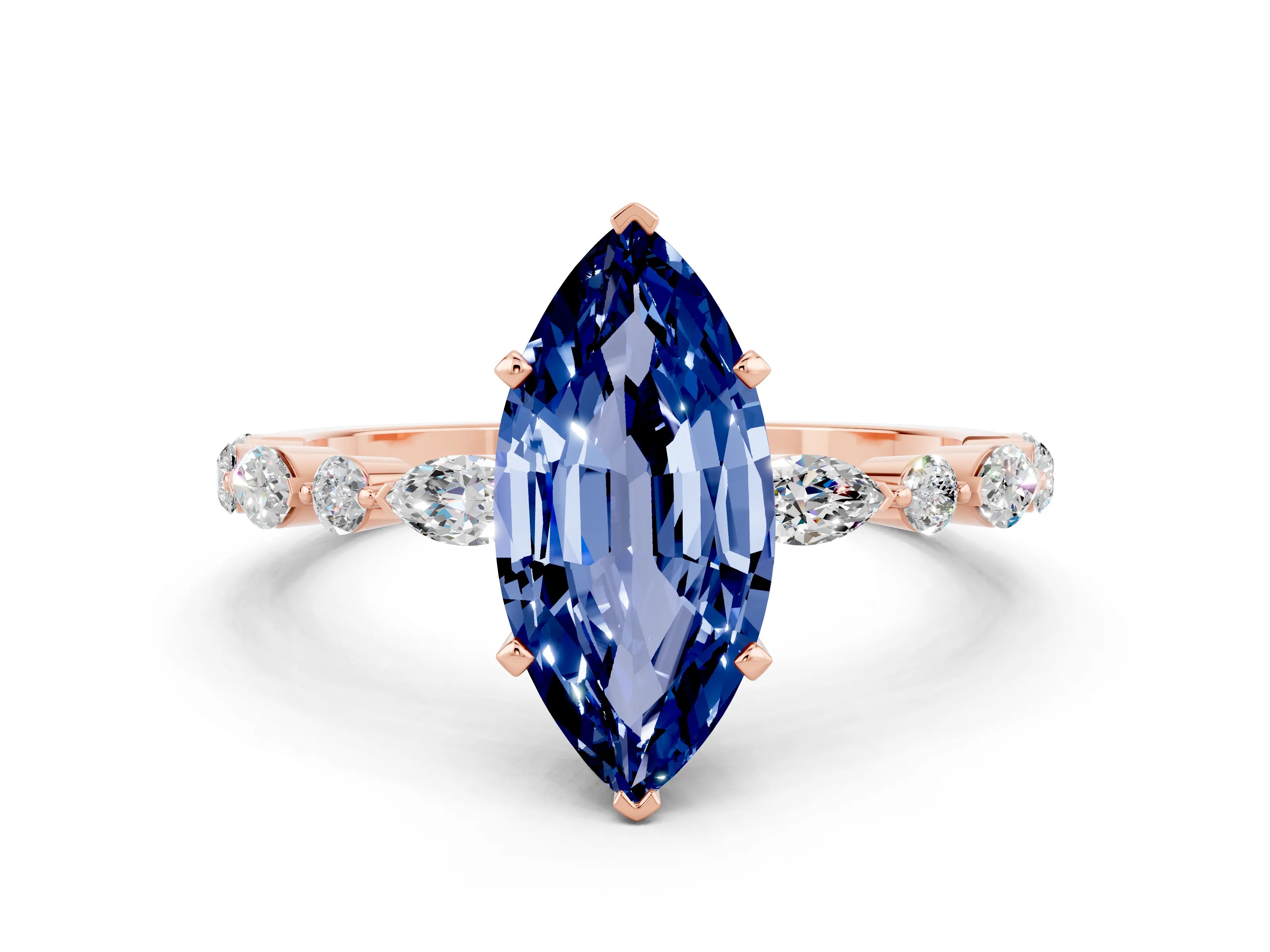 Rose gold Marquise Cut Blue Sapphire Solitaire with Side Stones on a Pavé Band and Four-Prong Setting