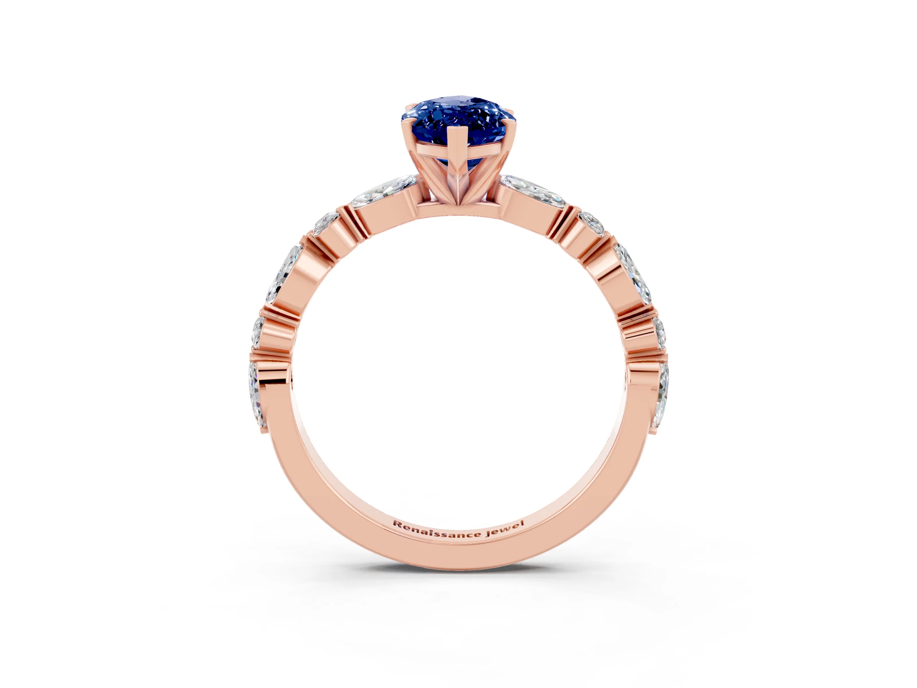 Rose gold Marquise Cut Blue Sapphire Solitaire with Side Stones on a Pavé Band and Four-Prong Setting_3