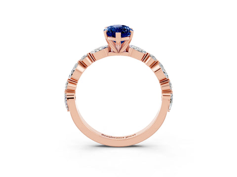 Rose gold Marquise Cut Blue Sapphire Solitaire with Side Stones on a Pavé Band and Four-Prong Setting_3