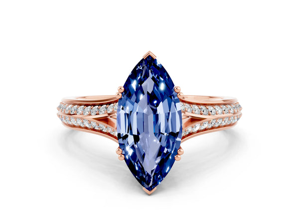 Rose gold Marquise Cut Blue Sapphire Split Shank Engagement Ring with Pavé Band