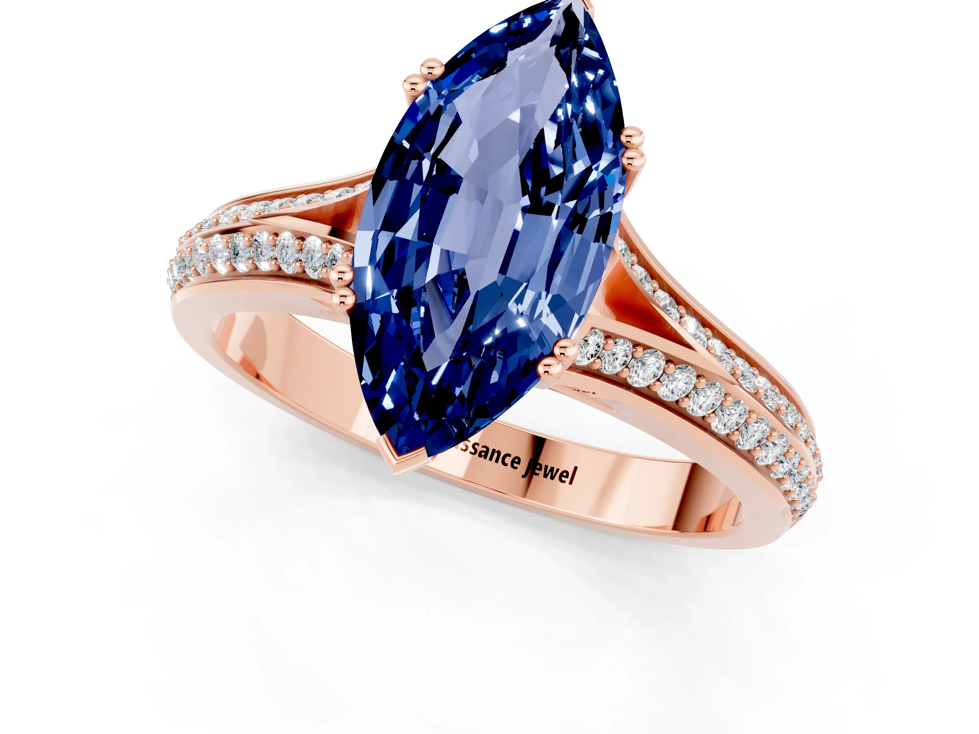 Rose gold Marquise Cut Blue Sapphire Split Shank Engagement Ring with Pavé Band_1