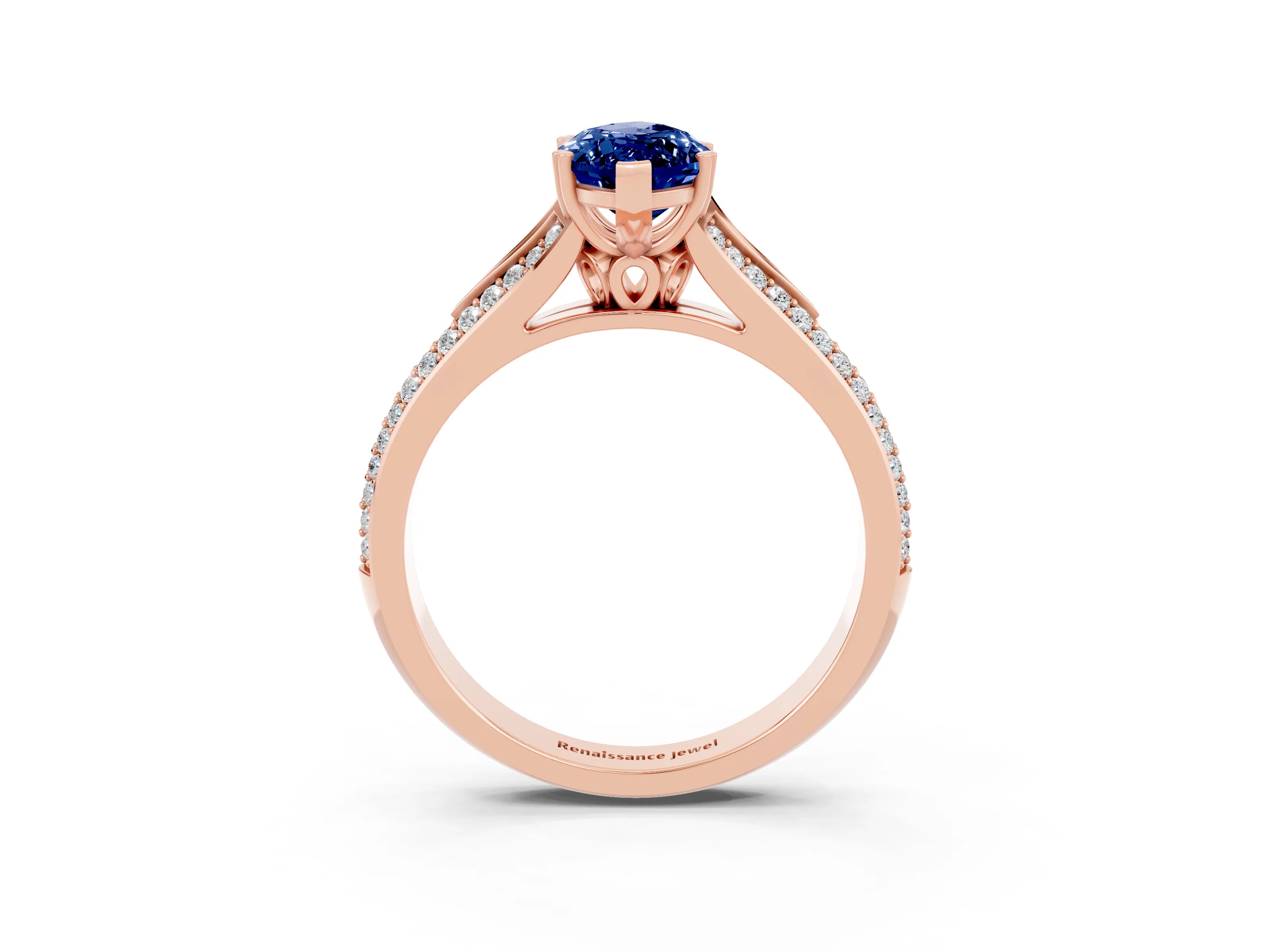 Rose gold Marquise Cut Blue Sapphire Split Shank Engagement Ring with Pavé Band_3