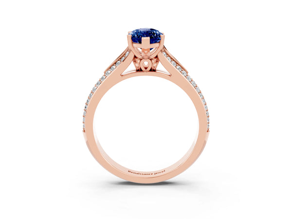 Rose gold Marquise Cut Blue Sapphire Split Shank Engagement Ring with Pavé Band