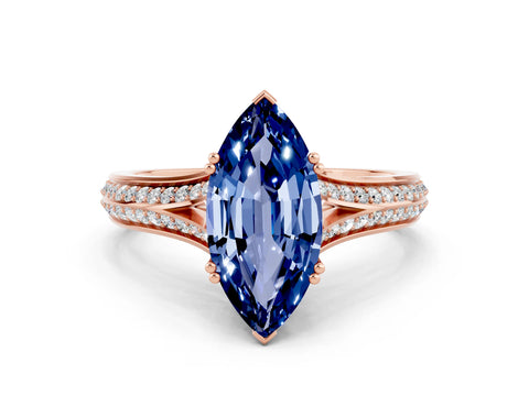 Rose gold Marquise Cut Blue Sapphire Split Shank Engagement Ring with Pavé Band