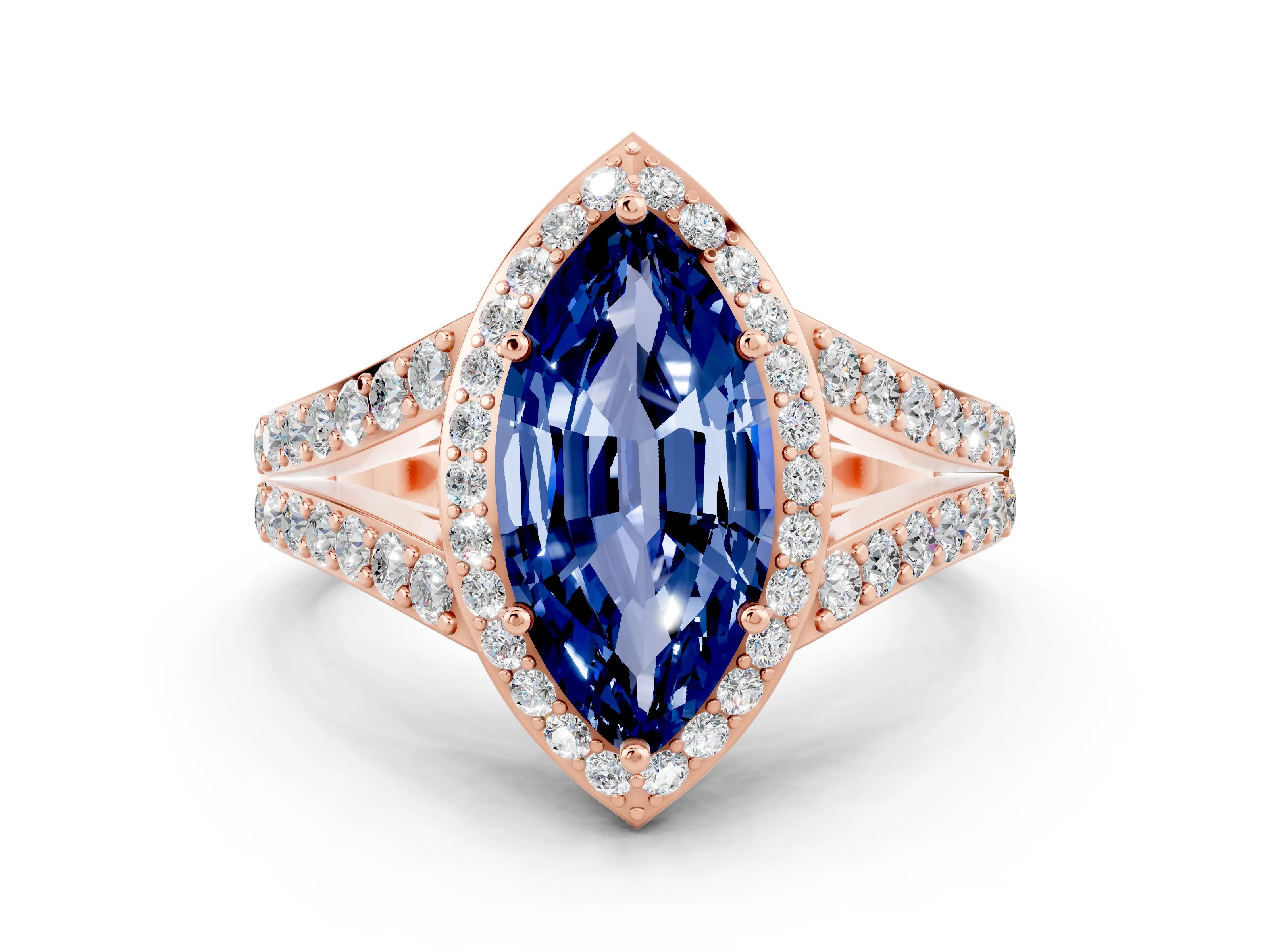 Rose gold Marquise Cut Blue Sapphire Split Shank Halo Ring with Four-Prong Setting_12