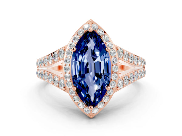 Rose gold Marquise Cut Blue Sapphire Split Shank Halo Ring with Four-Prong Setting
