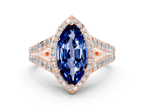 Rose gold Marquise Cut Blue Sapphire Split Shank Halo Ring with Four-Prong Setting_12