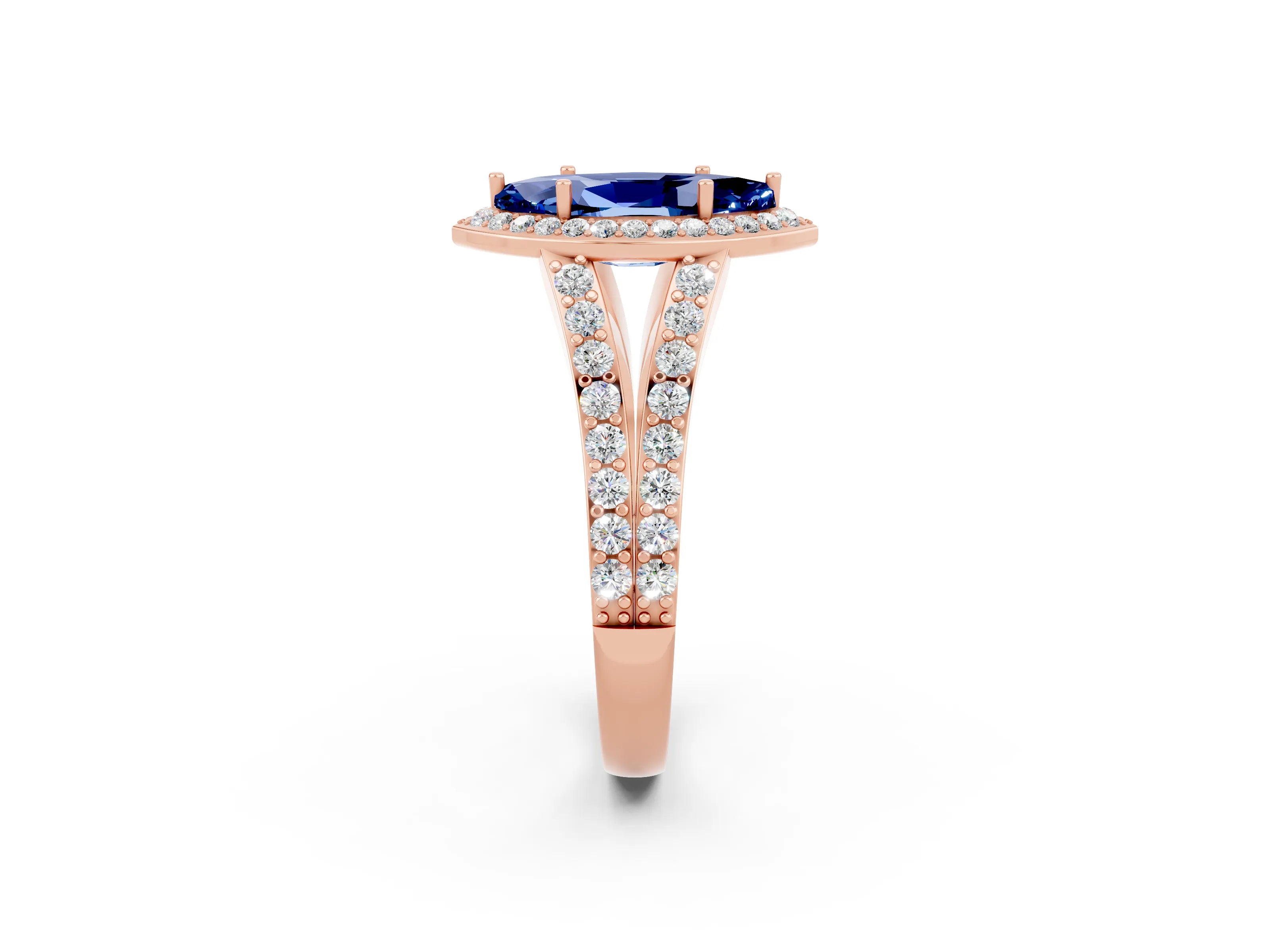 Rose gold Marquise Cut Blue Sapphire Split Shank Halo Ring with Four-Prong Setting_14