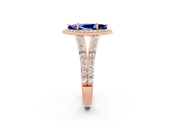 Rose gold Marquise Cut Blue Sapphire Split Shank Halo Ring with Four-Prong Setting