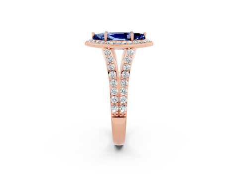 Rose gold Marquise Cut Blue Sapphire Split Shank Halo Ring with Four-Prong Setting_14
