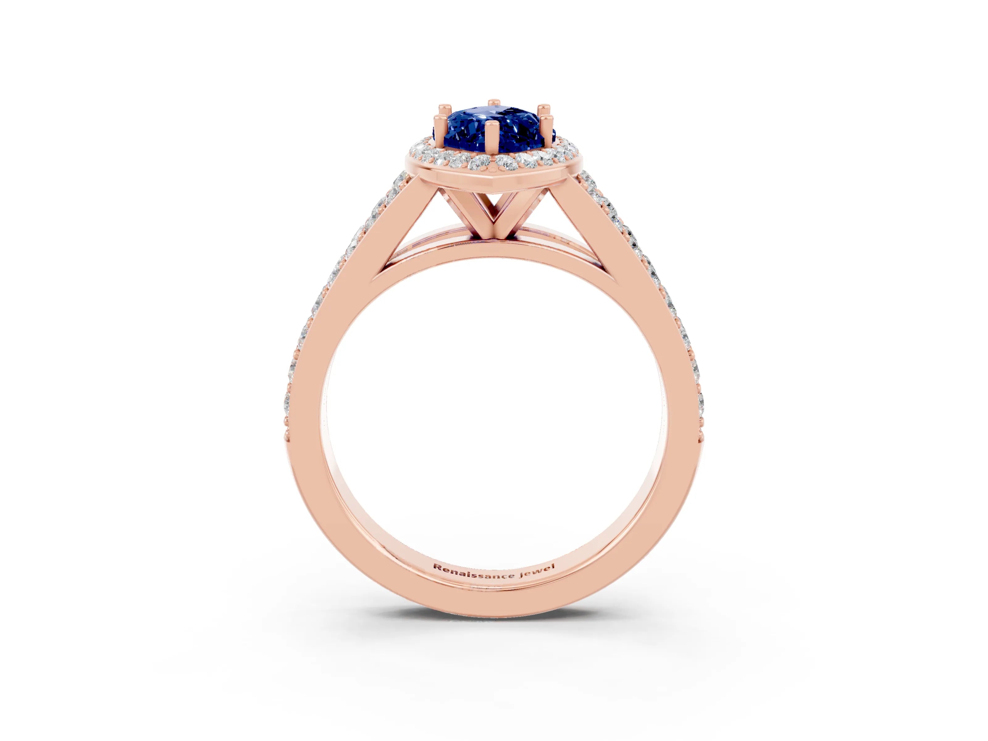 Rose gold Marquise Cut Blue Sapphire Split Shank Halo Ring with Four-Prong Setting_15