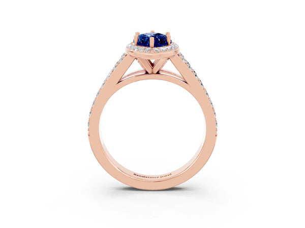 Rose gold Marquise Cut Blue Sapphire Split Shank Halo Ring with Four-Prong Setting