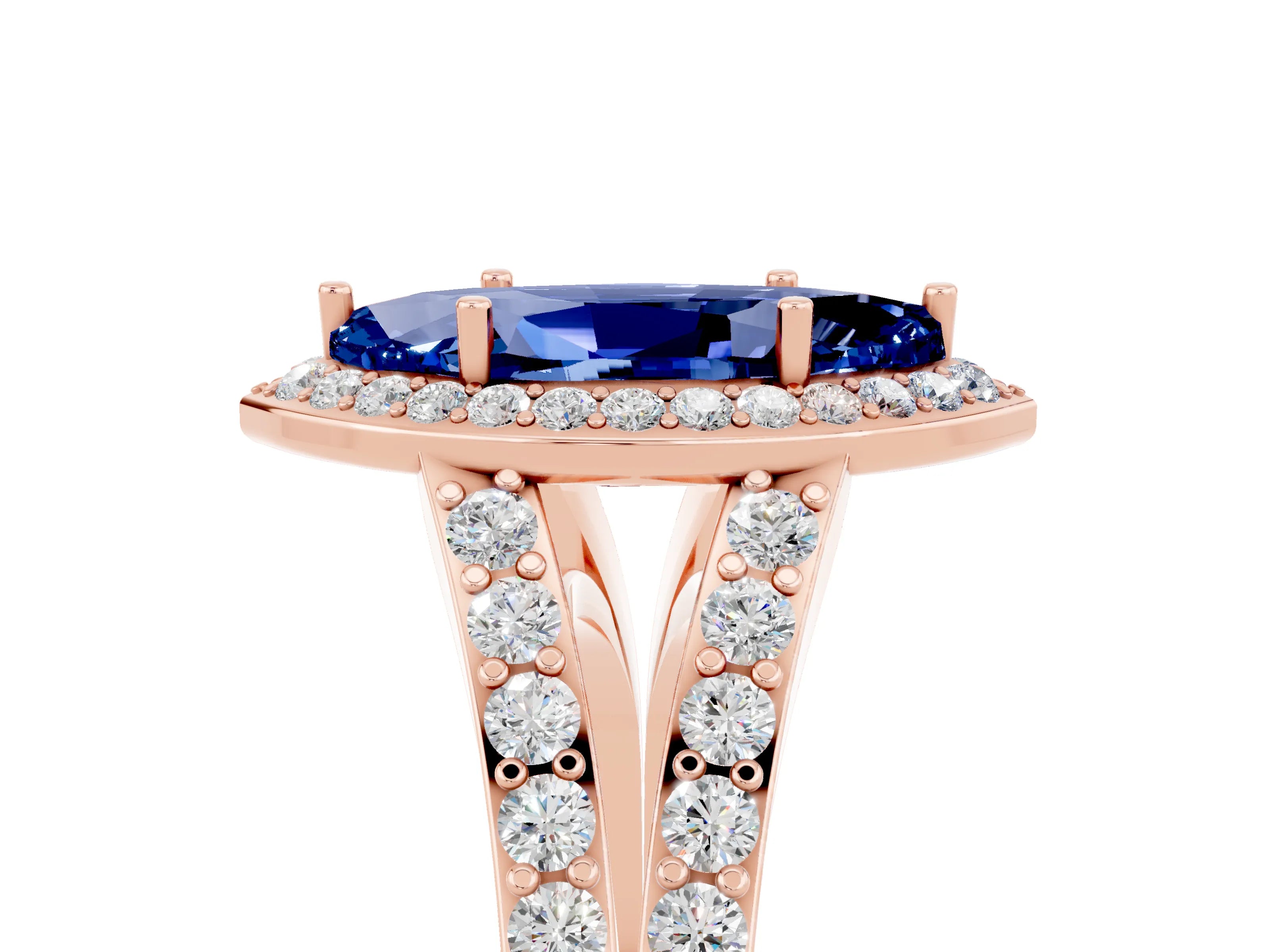 Rose gold Marquise Cut Blue Sapphire Split Shank Halo Ring with Four-Prong Setting_17