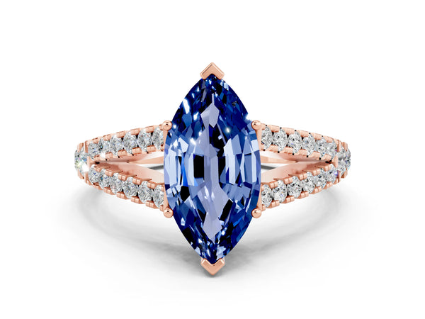 Rose gold Marquise Cut Blue Sapphire Split Shank Pavé Engagement Ring with Four-Prong Setting