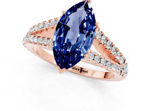 Rose gold Marquise Cut Blue Sapphire Split Shank Pavé Engagement Ring with Four-Prong Setting_13