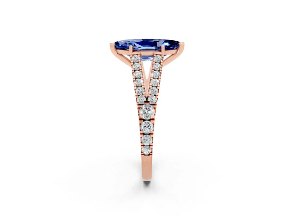 Rose gold Marquise Cut Blue Sapphire Split Shank Pavé Engagement Ring with Four-Prong Setting