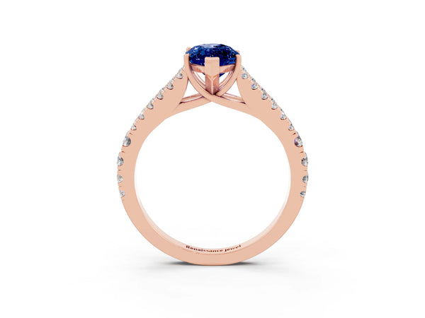 Rose gold Marquise Cut Blue Sapphire Split Shank Pavé Engagement Ring with Four-Prong Setting