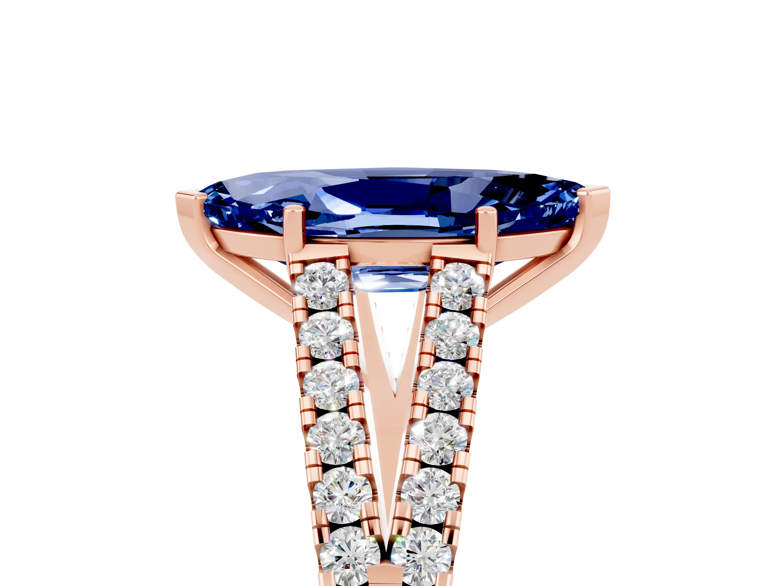 Rose gold Marquise Cut Blue Sapphire Split Shank Pavé Engagement Ring with Four-Prong Setting_17