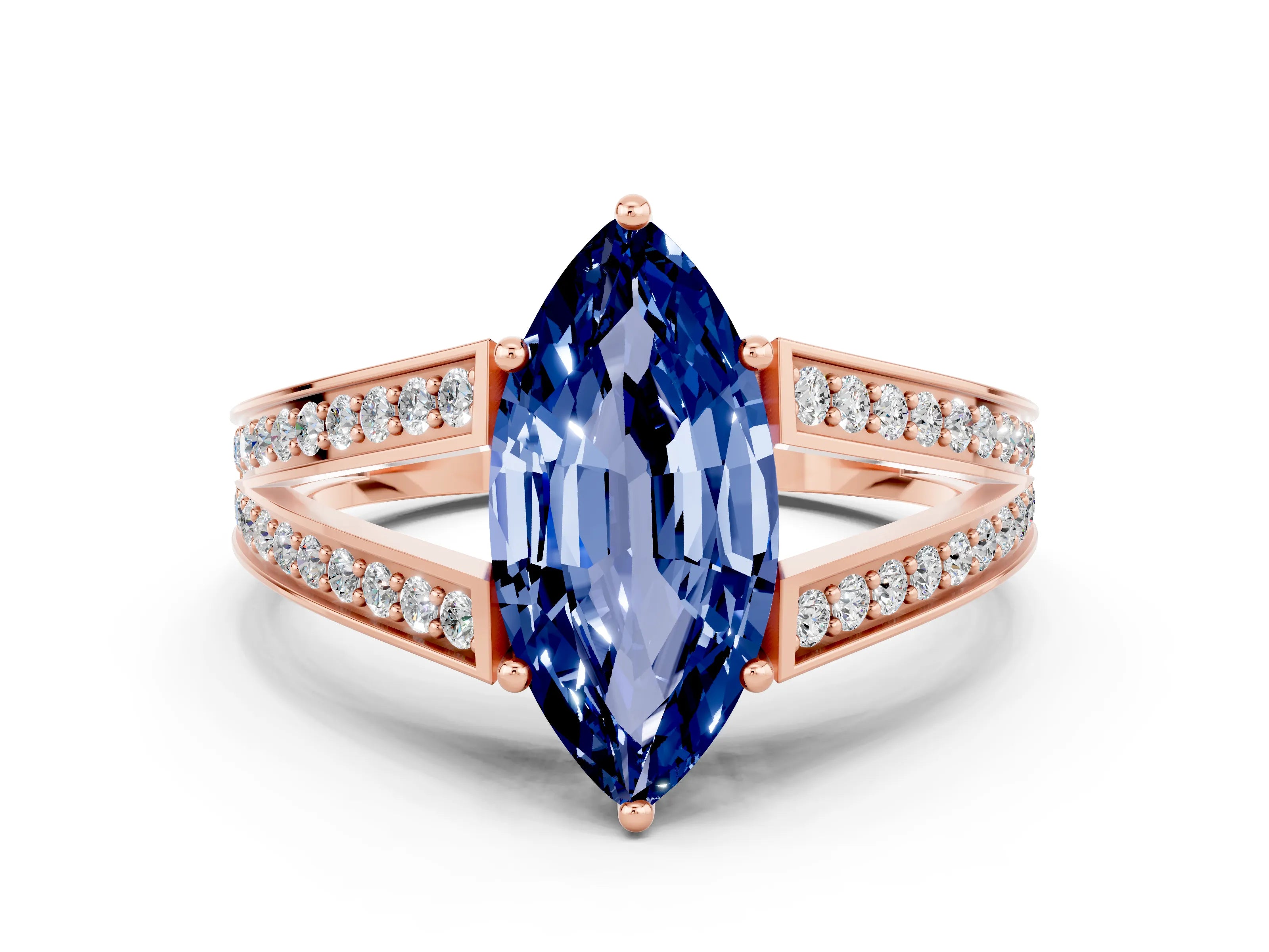 Rose gold Marquise Cut Blue Sapphire Split Shank Ring with Pavé Band and Four-Prong Setting