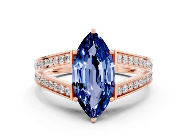 Rose gold Marquise Cut Blue Sapphire Split Shank Ring with Pavé Band and Four-Prong Setting