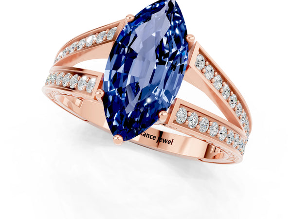 Rose gold Marquise Cut Blue Sapphire Split Shank Ring with Pavé Band and Four-Prong Setting