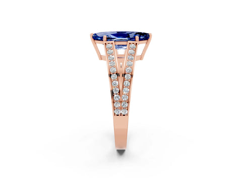 Rose gold Marquise Cut Blue Sapphire Split Shank Ring with Pavé Band and Four-Prong Setting_2
