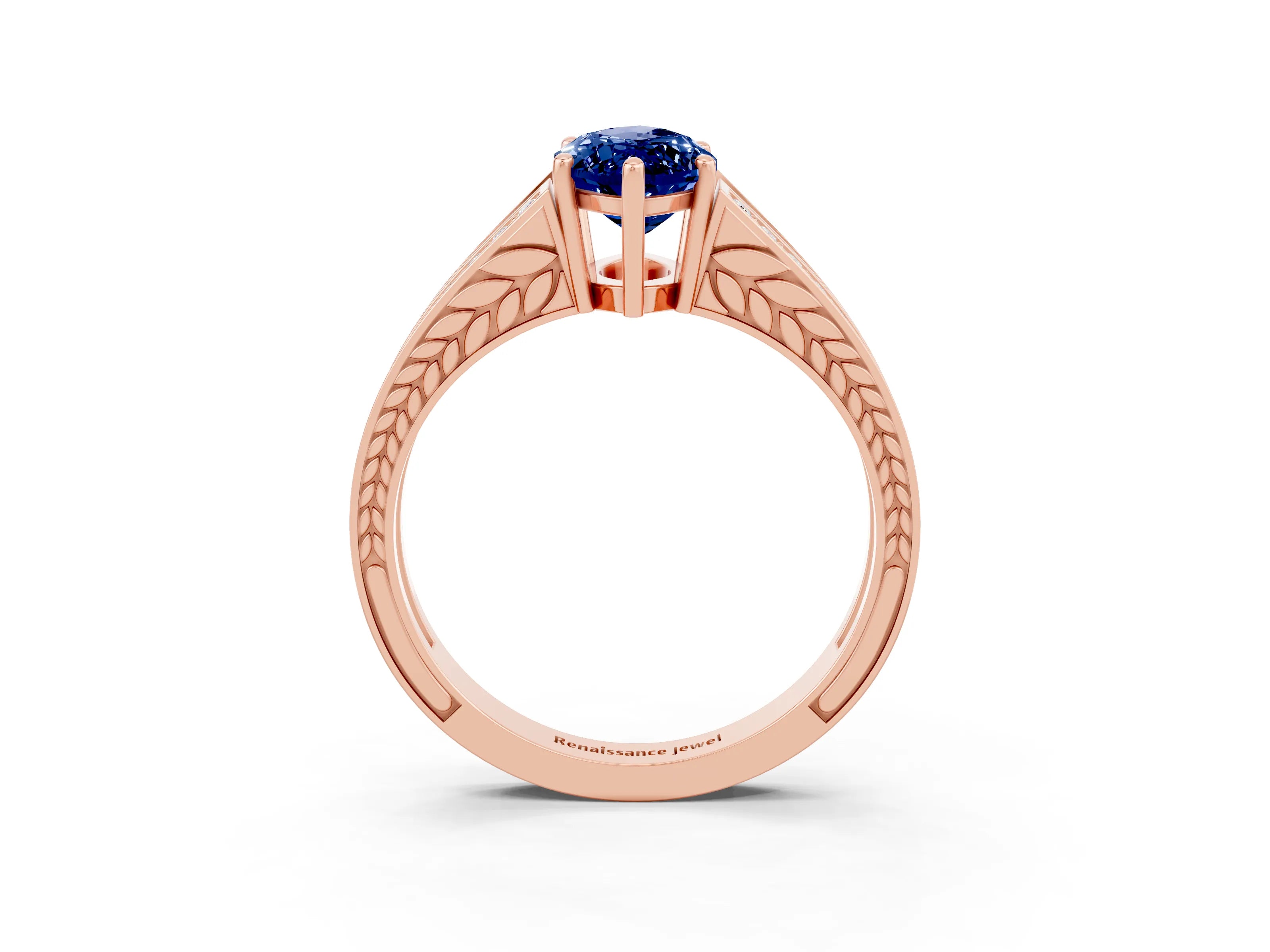 Rose gold Marquise Cut Blue Sapphire Split Shank Ring with Pavé Band and Four-Prong Setting_3