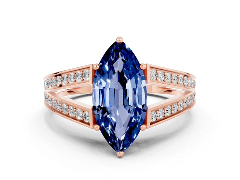 Rose gold Marquise Cut Blue Sapphire Split Shank Ring with Pavé Band and Four-Prong Setting
