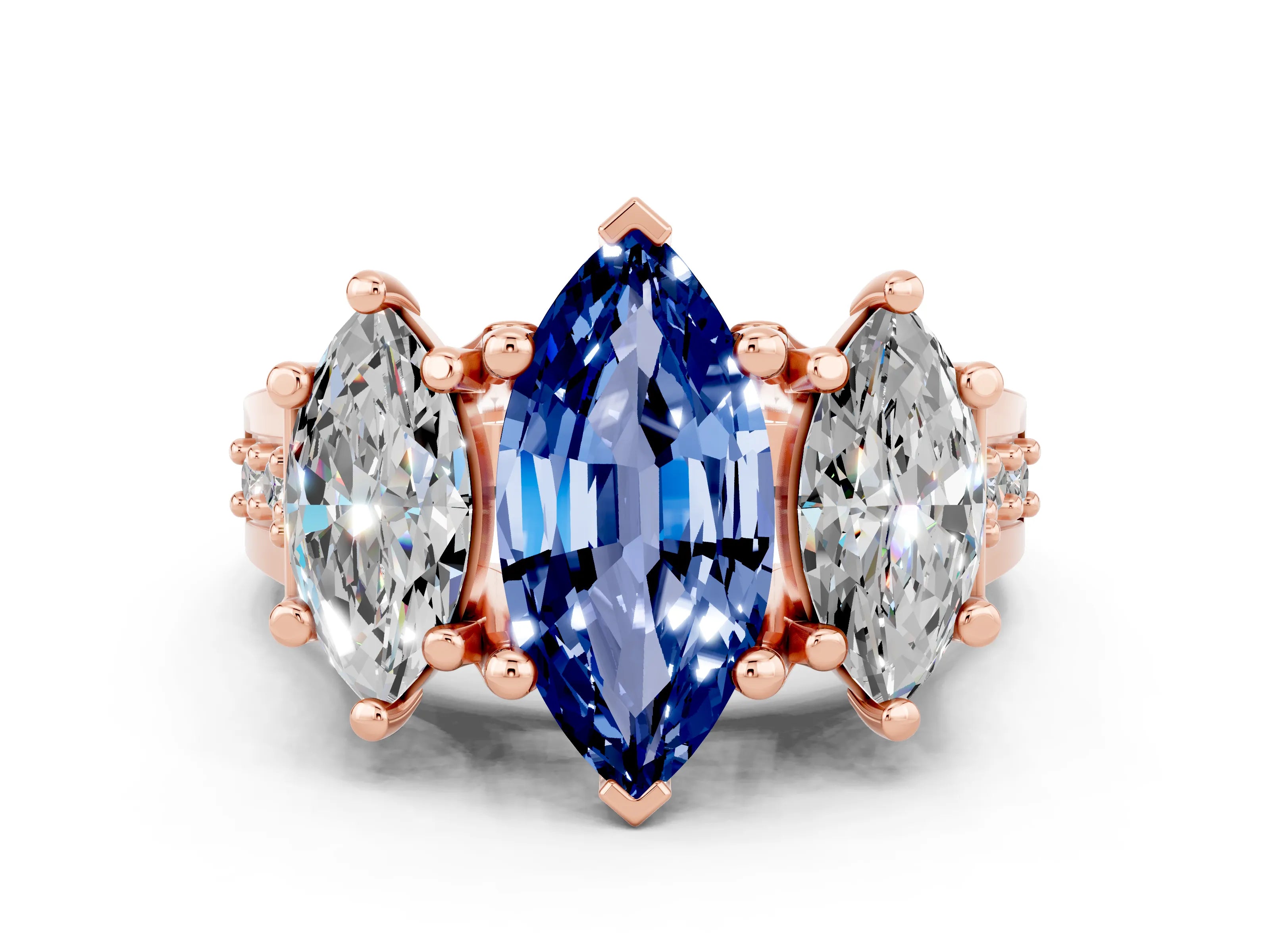 Rose gold Marquise Cut Blue Sapphire Three-Stone Ring with Channel Set Band and Four-Prong Setting