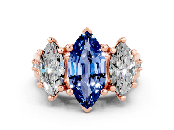 Rose gold Marquise Cut Blue Sapphire Three-Stone Ring with Channel Set Band and Four-Prong Setting
