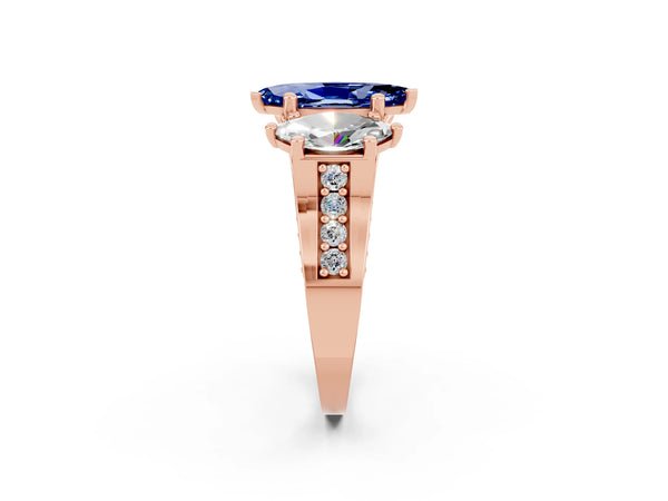 Rose gold Marquise Cut Blue Sapphire Three-Stone Ring with Channel Set Band and Four-Prong Setting