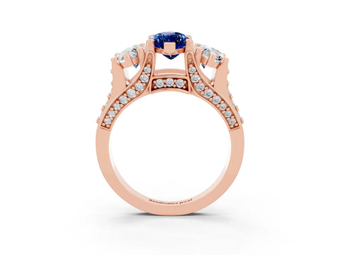 Rose gold Marquise Cut Blue Sapphire Three-Stone Ring with Channel Set Band and Four-Prong Setting_3