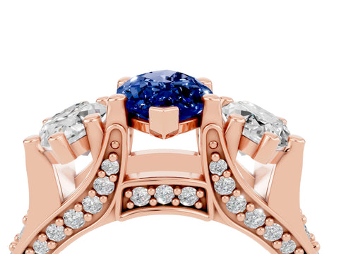 Rose gold Marquise Cut Blue Sapphire Three-Stone Ring with Channel Set Band and Four-Prong Setting_4