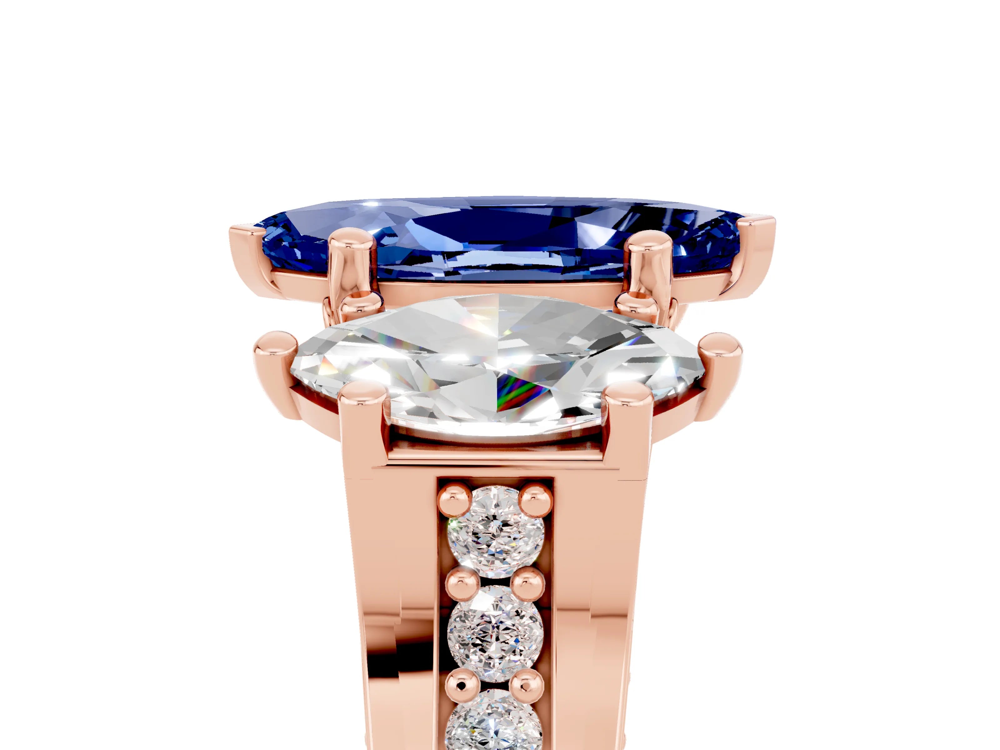 Rose gold Marquise Cut Blue Sapphire Three-Stone Ring with Channel Set Band and Four-Prong Setting_5