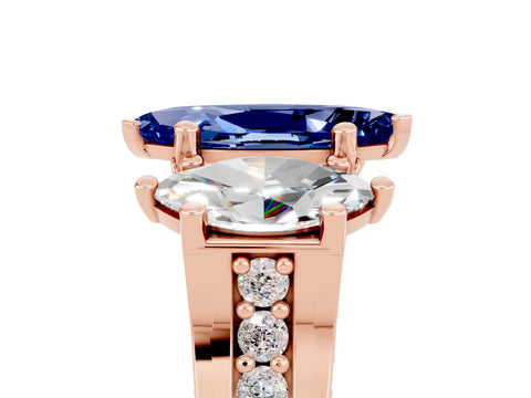 Rose gold Marquise Cut Blue Sapphire Three-Stone Ring with Channel Set Band and Four-Prong Setting_5