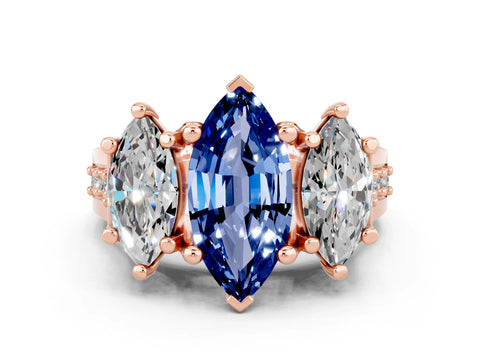 Rose gold Marquise Cut Blue Sapphire Three-Stone Ring with Channel Set Band and Four-Prong Setting