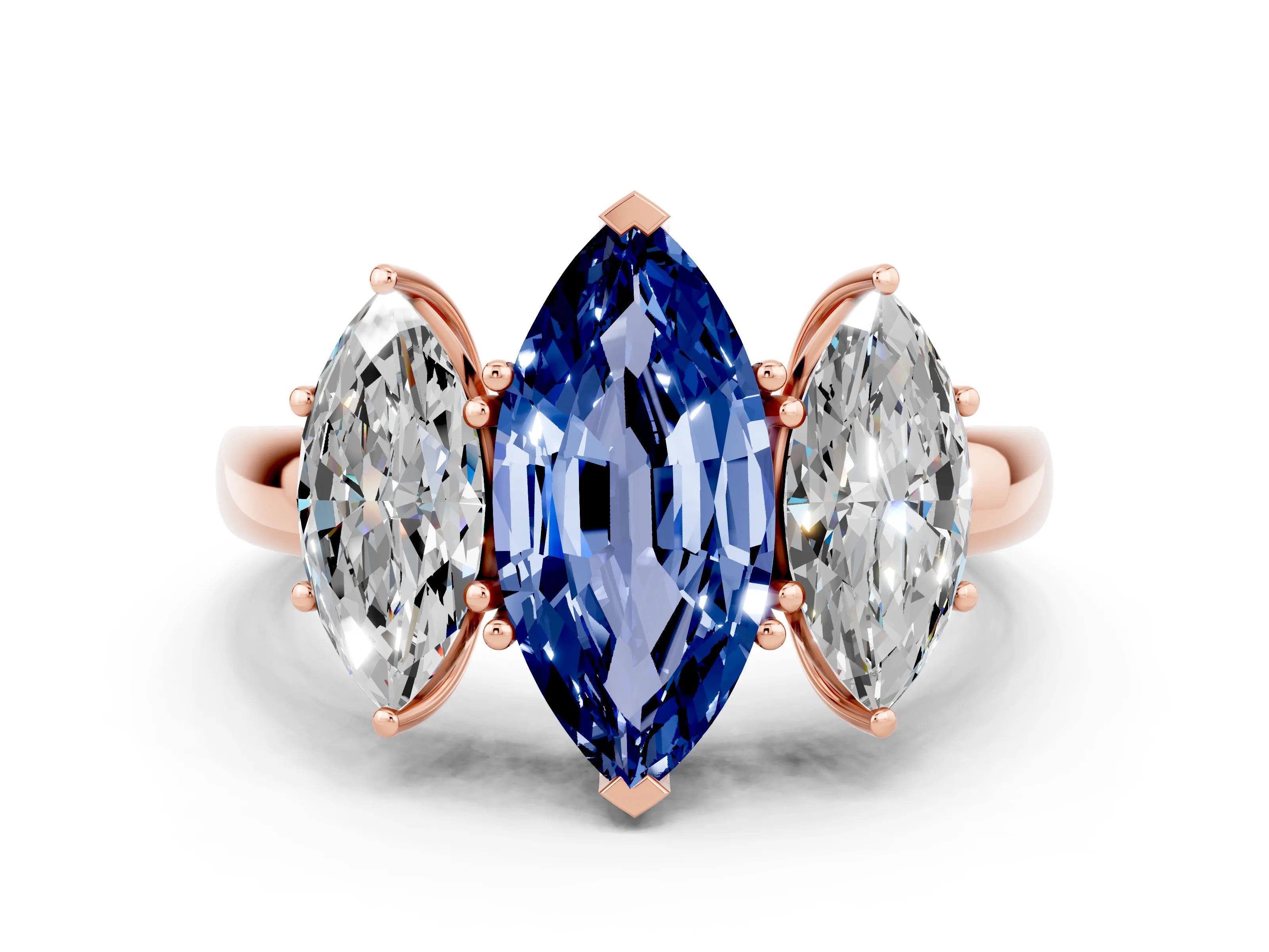 Rose gold Marquise Cut Blue Sapphire Three-Stone Ring with Four-Prong Setting and Classic Band