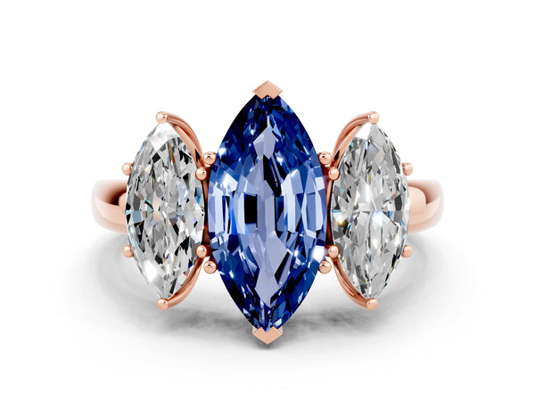 Rose gold Marquise Cut Blue Sapphire Three-Stone Ring with Four-Prong Setting and Classic Band