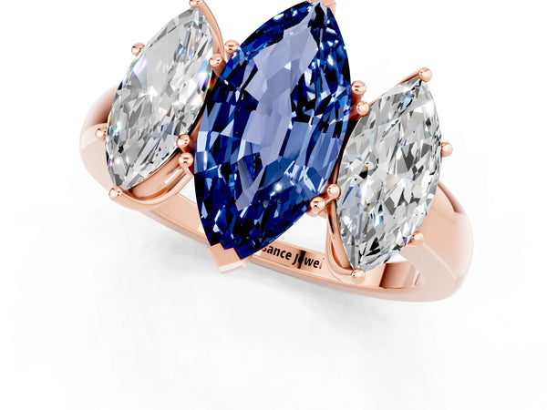 Rose gold Marquise Cut Blue Sapphire Three-Stone Ring with Four-Prong Setting and Classic Band