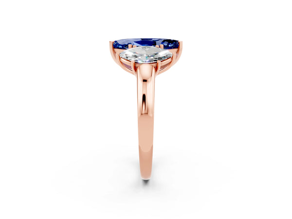 Rose gold Marquise Cut Blue Sapphire Three-Stone Ring with Four-Prong Setting and Classic Band