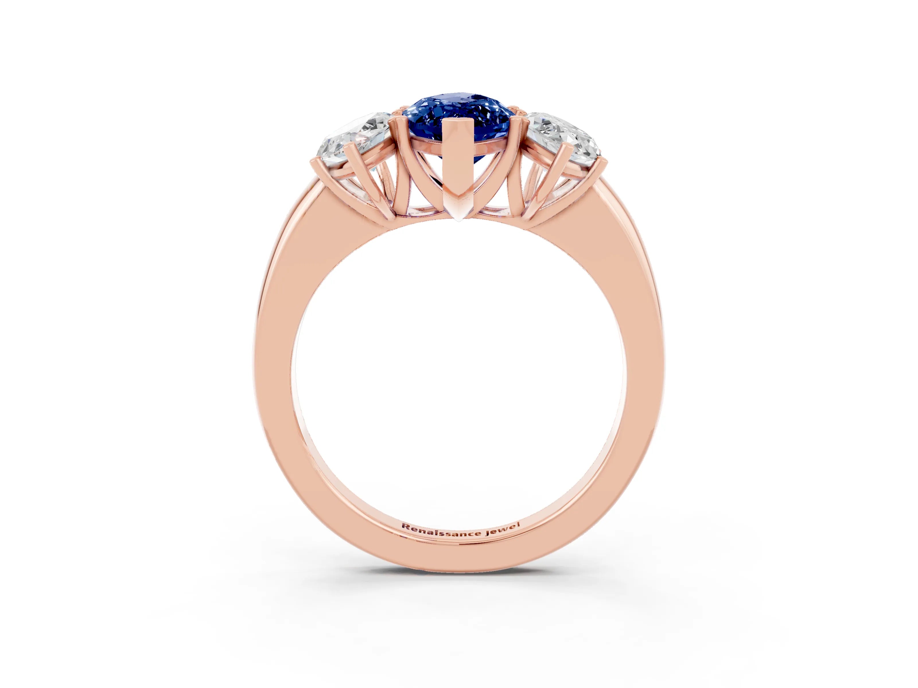 Rose gold Marquise Cut Blue Sapphire Three-Stone Ring with Four-Prong Setting and Classic Band_3