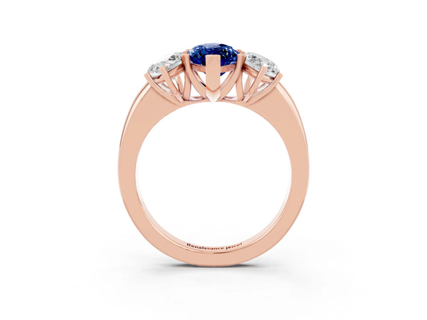 Rose gold Marquise Cut Blue Sapphire Three-Stone Ring with Four-Prong Setting and Classic Band